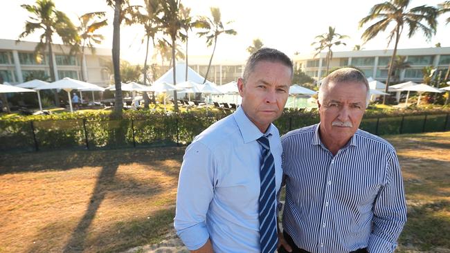 25/2/2016: L-R Paul Brinsmead and Peter Madrers, founders of MiiGroup, in front of the Sheraton Mirage on the Gold Coast.They paid Austrade $5,000 a month to due due dilligence on Pearls India, which tuned out to be a major ponzi scam. They say they were misled by the government. They are willing to work fully with the Indian authoroties to return $130m owed to Indian investors. Lyndon Mechielsen/The Australian