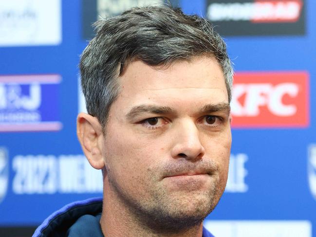 DAILY TELEGRAPH. SPORT. Canterbury-Bankstown Bulldogs coach Cameron Ciraldo fronts the media at Bulldogs HQ after yesterdayÃs news that a player had walked out over a punishment during trining. 30/08/2023. Pic by Max Mason-Hubers