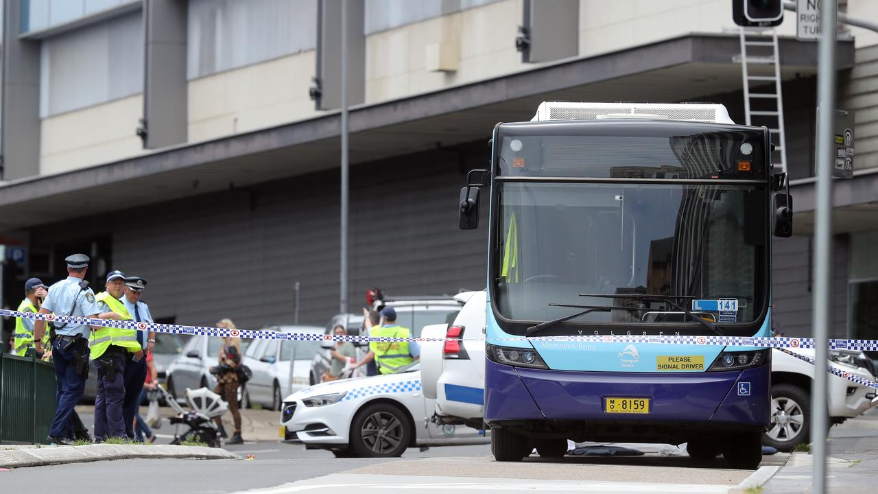 Pictured is the scene on Grafton Street at Bondi Junction where a woman in her 20s has been struck and killed by a bus. Picture: Richard Dobson