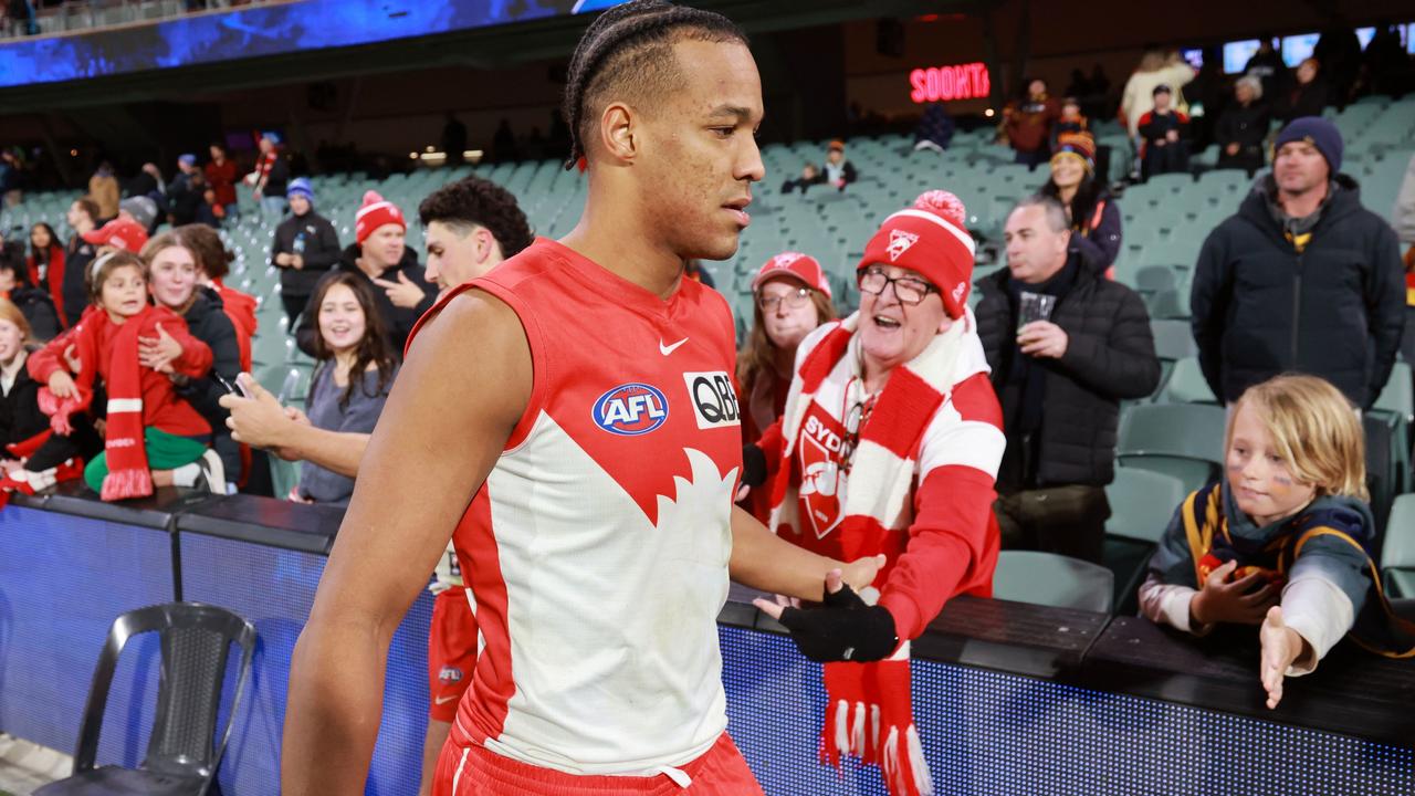 Concerns over Amartey’s workload given his recent history of hamstring injuries meant he was benched instead of getting to chase his 10th goal late in the final quarter against Adelaide on Saturday night. Picture: James Elsby / Getty Images