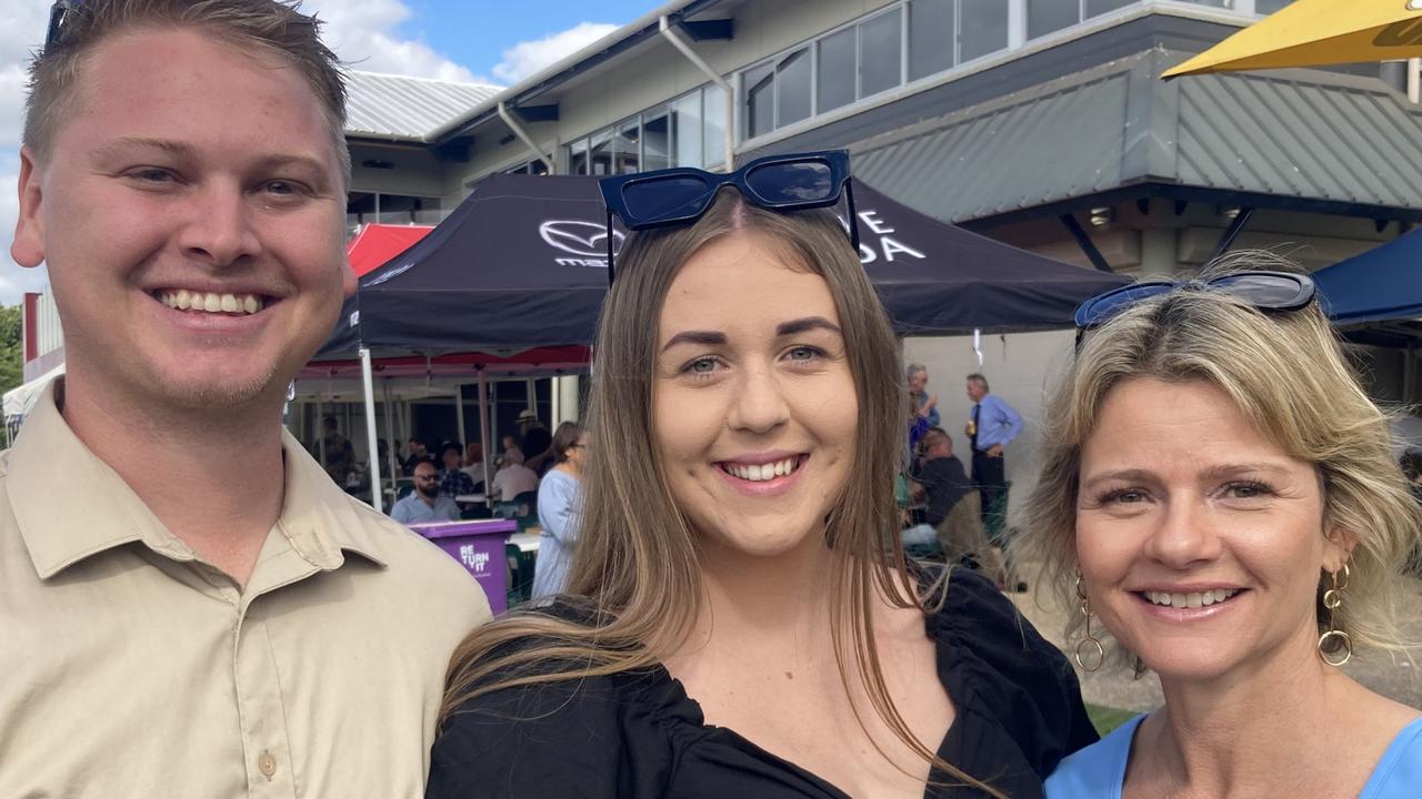 Tyson Johnson, Logan Kickbusch and Kelly Loby enjoy a day of fun at the Gympie Races on Saturday, July 15, 2023.