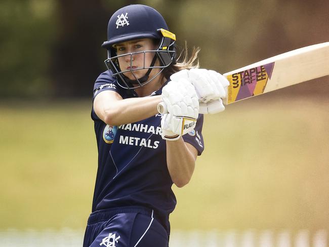 MELBOURNE, AUSTRALIA - JANUARY 05: Ellyse Perry of Victoria bats during the WNCL match between Victoria and New South Wales at CitiPower Centre, on January 05, 2023, in Melbourne, Australia. (Photo by Daniel Pockett/Getty Images)