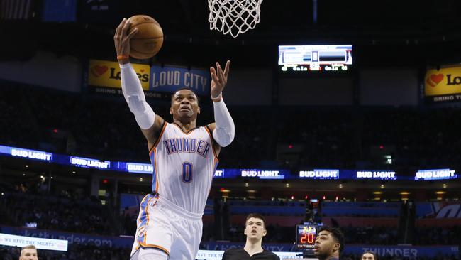 Oklahoma City Thunder guard Russell Westbrook goes to the basket.
