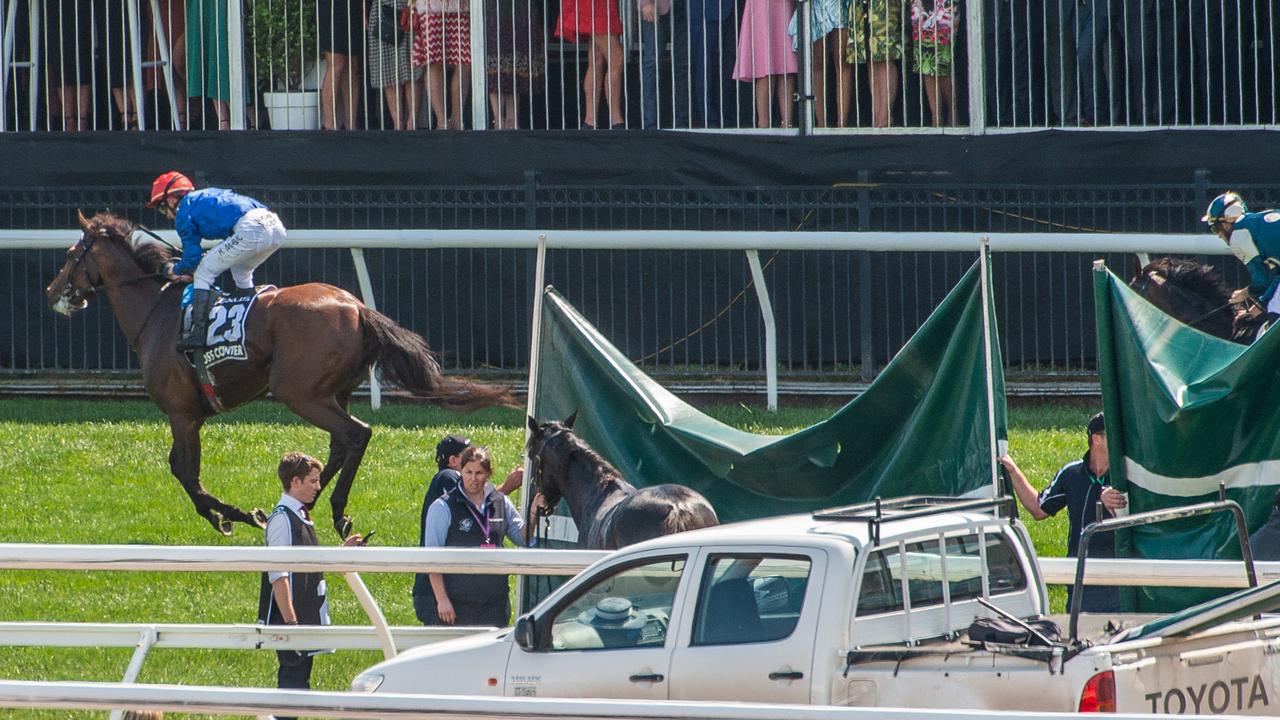 Nobody ever wants to see tarpaulins being erected on the track. Picture: Jason Edwards