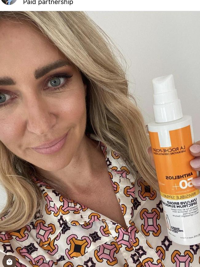 3AW broadcaster Jacqui Felgate in a social media post promoting sunscreen for company La Roche-Posay. Picture: Instagram