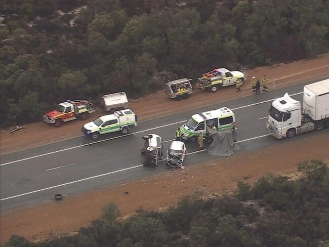 Two women aged in their 80s died and a young girl was injured in a horror multi-vehicle car crash near Cooljarloo in the Wheatbelt. Picture: 7 NEWS