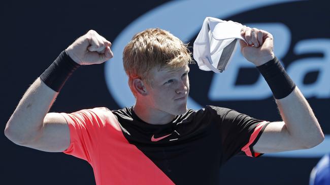 Britain's Kyle Edmund celebrates after defeating Georgia's Nikoloz Basilashvili. Photo: AP