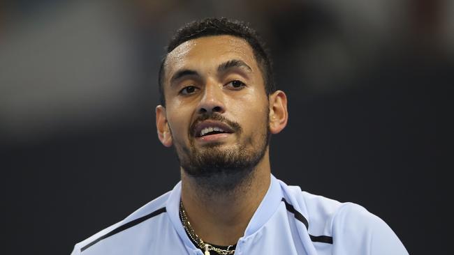 BEIJING, CHINA — OCTOBER 08: Nick Kyrgios of Australia reacts after losing the point during the Men's Singles final against Rafael Nadal of Spain on day nine of the 2017 China Open at the China National Tennis Centre on October 8, 2017 in Beijing, China. (Photo by Lintao Zhang/Getty Images)