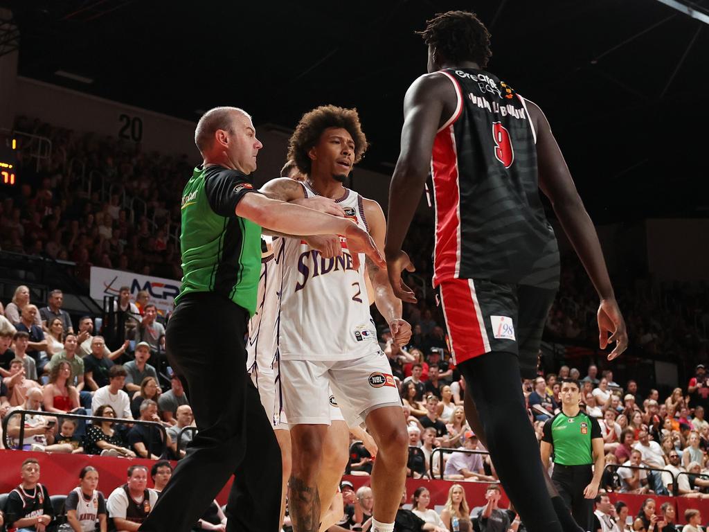 Jaylen Adam and Wani Swaka Lo Buluk tussle during the round 20 NBL match between Illawarra Hawks and Sydney Kings at WIN Entertainment Centre. Photo: Mark Metcalfe/Getty Images.