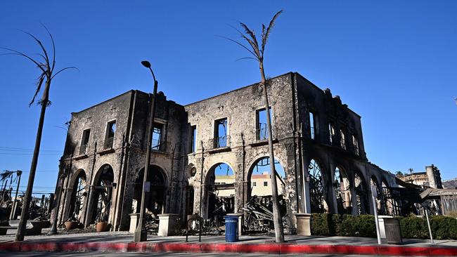 A building that once housed restaurants and coffee shops among other businesses that was destroyed by the Palisades Fire in Pacific Palisades. Picture: AFP