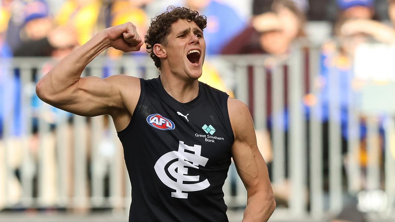 Charlie Curnow kicked five goals against the Eagles. Picture: Paul Kane
