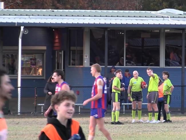 Umpires spoke with a Coldstream official as they walked off the ground on Saturday. after an incident with Scott Fritsch Picture: Eastern Football Netball League