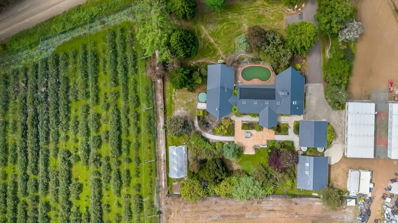 Birds eye view of the large blueberry farm and residence.