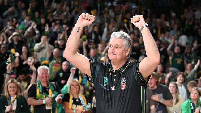 HOBART, AUSTRALIA - NOVEMBER 15: Scott Roth, Head Coach of the Jackjumpers celebrates the win with fans during the round nine NBL match between Tasmania Jackjumpers and Brisbane Bullets at MyState Bank Arena, on November 15, 2024, in Hobart, Australia. (Photo by Steve Bell/Getty Images)