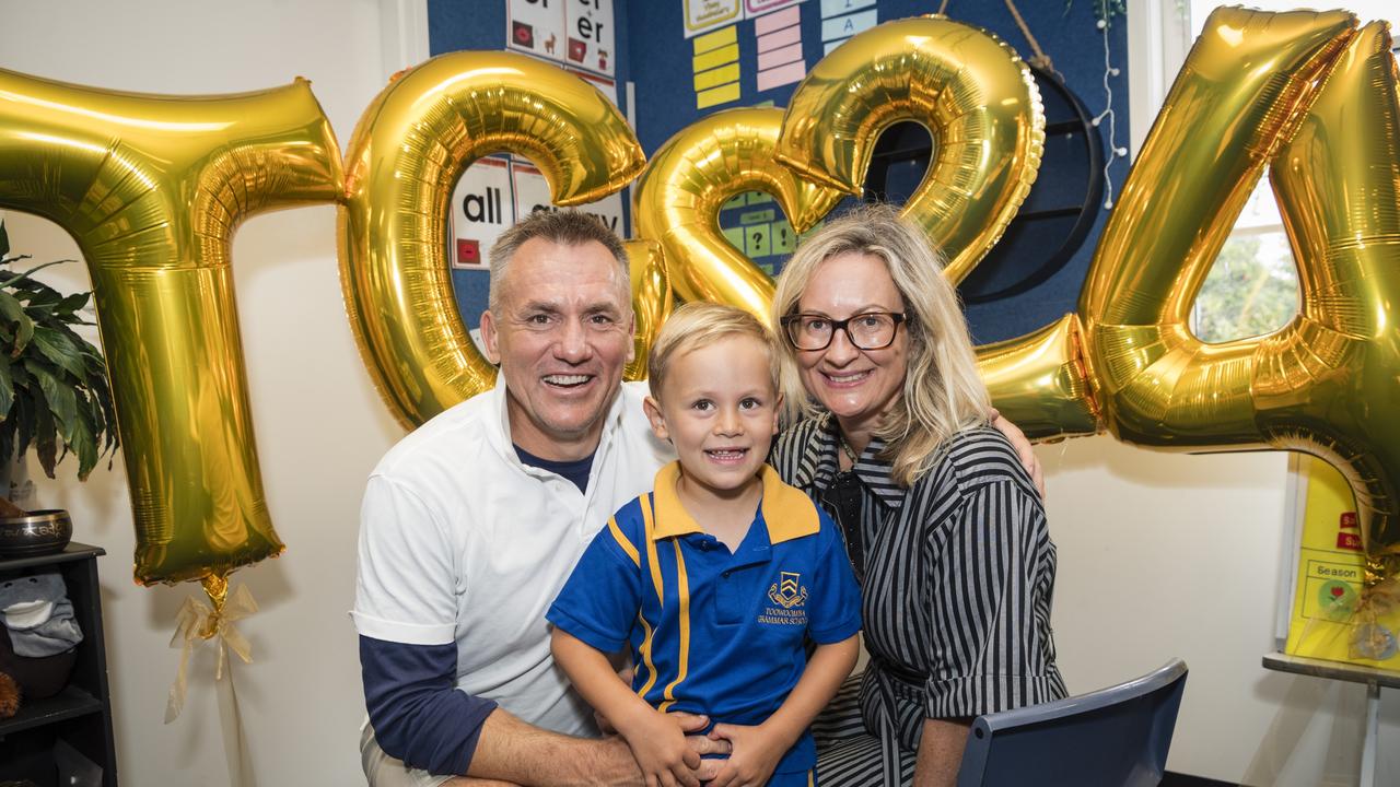 Toowoomba Grammar School Prep student Charlie Grant with parents Mathew and Anna Grant on the first day of school, Tuesday, January 23, 2024. Picture: Kevin Farmer