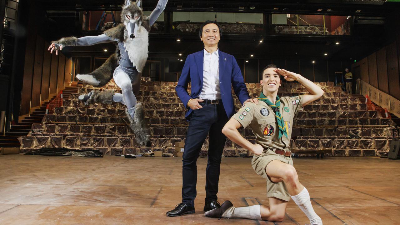 Li Cunxin with dancers Ari Thompson and Luke Dimattina in Peter and The Wolf costumes. The family ballet will be the first show in the new revamped Queensland Ballet HQ at the Thomas Dixon Centre in West End: Picture Lachie Millard