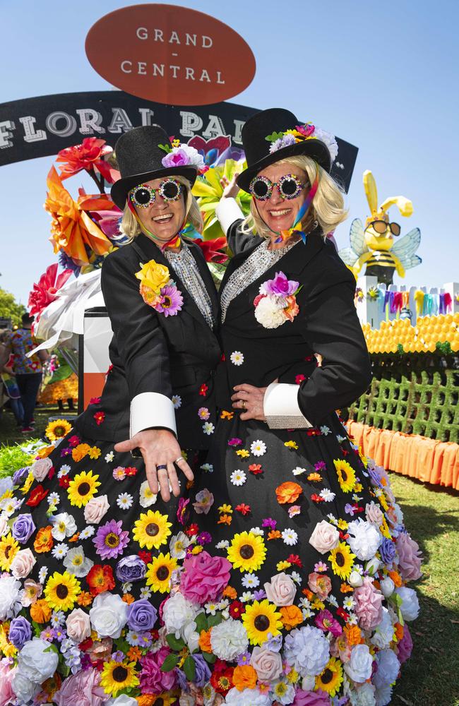 Janelle Cartwright (left) and Katie Wright lead the Grand Central Floral Parade of the Carnival of Flowers, Saturday, September 21, 2024. Picture: Kevin Farmer