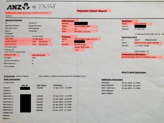 The report showing payment of $69,000 from TCN Channel Nine Pty Ltd to Adam Whittington. Picture: Supplied