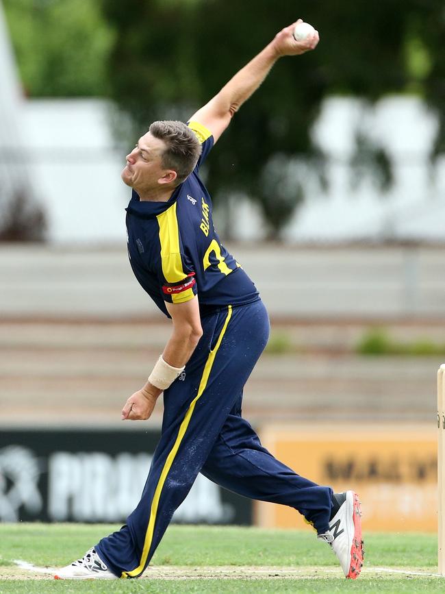 Simon Black bowling for Plenty Valley. Picture: Hamish Blair