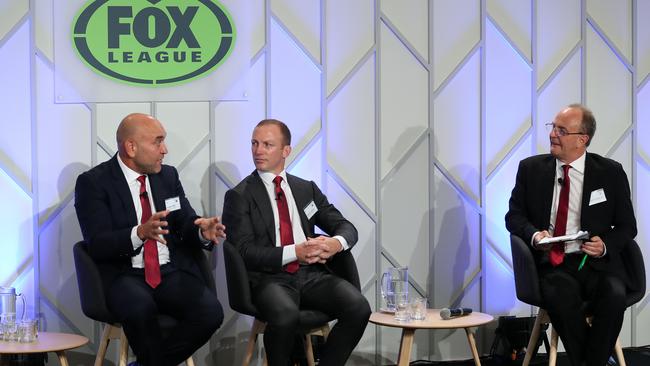 Gorden Tallis and Darren Lockyer with The Courier-Mail’s Robert Craddock at last year’s inaugural NRL season launch. Picture: Liam Kidston