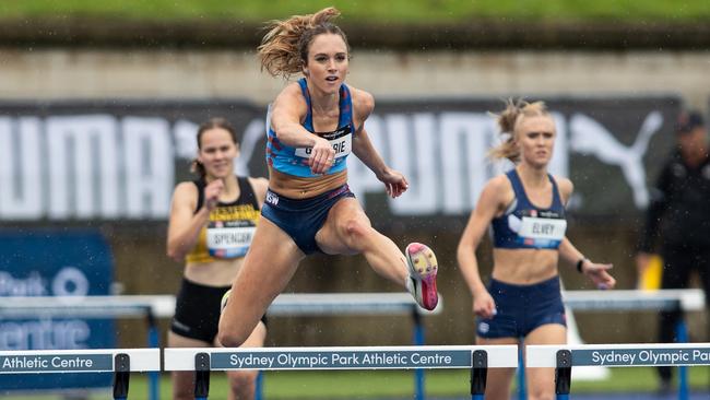 Isabella Guthrie from Mount Kuring-Gai winning her hurdles final.