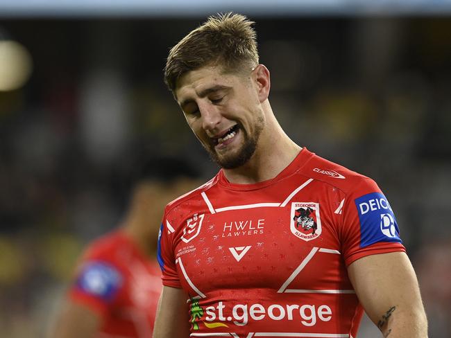 TOWNSVILLE, AUSTRALIA - JUNE 10:  Zac Lomax of the Dragons reacts during the round 14 NRL match between the North Queensland Cowboys and the St George Illawarra Dragons at Qld Country Bank Stadium, on June 10, 2022, in Townsville, Australia. (Photo by Ian Hitchcock/Getty Images)