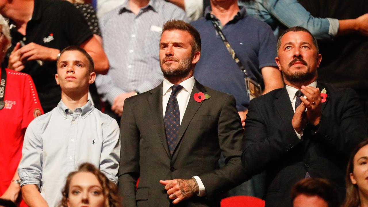 David Beckham and son Romeo Beckham during the 2018 Invictus Games Closing Ceremony at Qudos Bank Arena on October 27, 2018. Picture: Chris Jackson/Getty