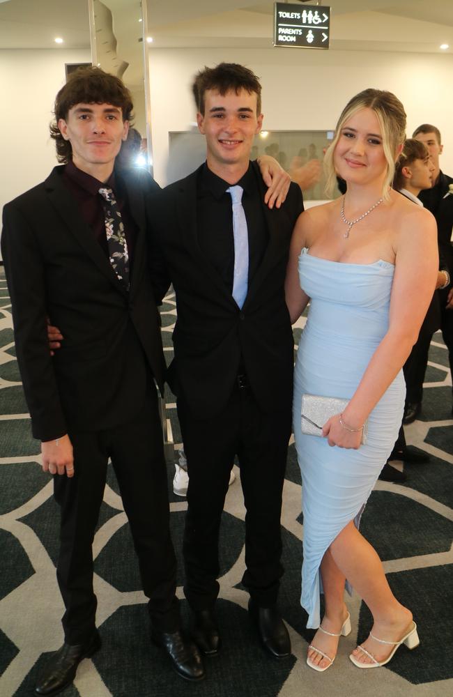 Baxter Chilman, Grayson Mccoll and Kloe Moran at the Australian Industry Trade College 2024 formal at the Maroochy RSL.