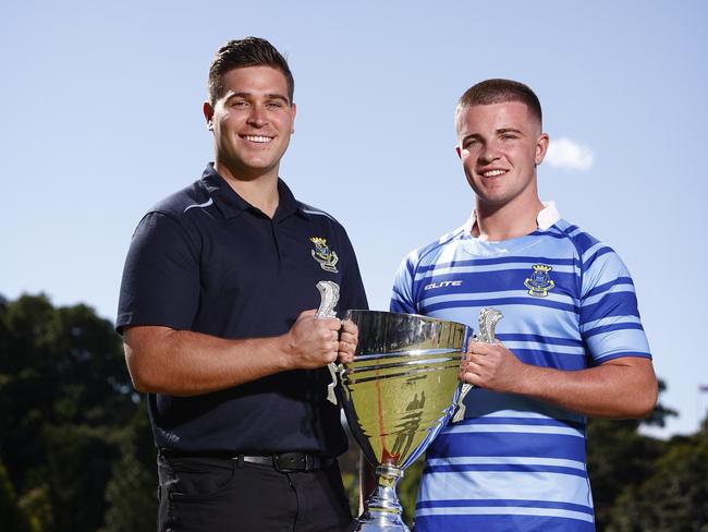 DAILY TELEGRAPH 3RD MAY 2023Pictured at Moore Park in Sydney ahead of the start of the 2023 NRL Schoolboys Cup season are Patrician Brothers Fairfield coach Joshua Morgan and captain Bailey Myers.They are the current holders of the Peter Mulholland Cup.Picture: Richard Dobson