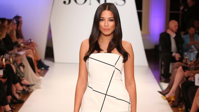 Model Jessica Gomes showcases designs by Josh Goot at the David Jones Spring/Summer 2014 Collection Launch. (Photo by Brendon Thorne/Getty Images for David Jones)