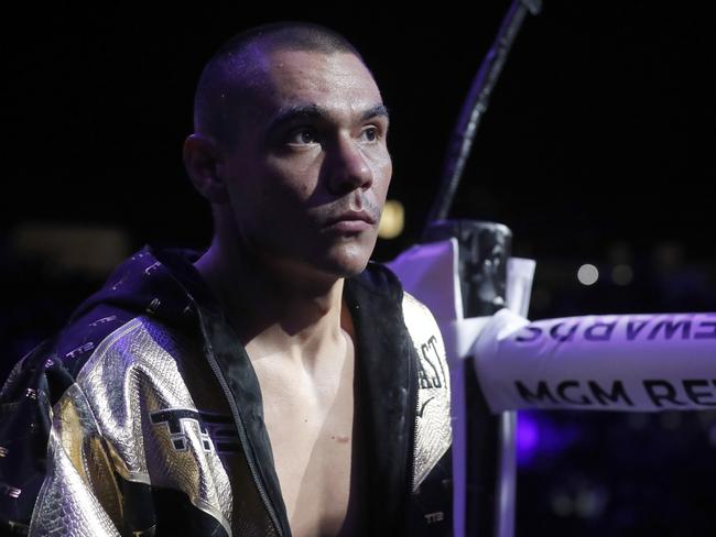 LAS VEGAS, NEVADA - MARCH 30:  WBO junior middleweight champion Tim Tszyu enters the ring for his title defense against Sebastian Fundora at T-Mobile Arena on March 30, 2024 in Las Vegas, Nevada.  (Photo by Steve Marcus/Getty Images)