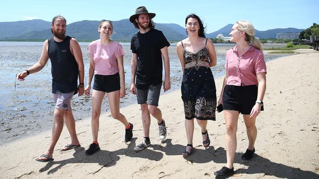 Forward bookings for the upcoming Easter school holidays indicate Cairns will experience its biggest tourism period since 2019. Friends Deryn Cox, Caitlyn Robinson, Mark McVeigh, Rhiannon McIntosh and Emily Walmsley are spending two weeks holidaying in the Far North together from Brisbane. Picture: Brendan Radke