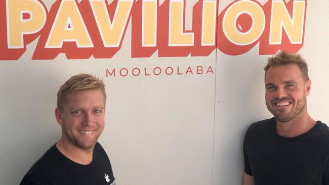 Developer and real estate director Craig Morrison and Good Bean Franchising CEO Shane Hepburn have joined forces to open their new Mediterranean inspired bar and restaurant, Pavilion Mooloolaba. Picture: Laura Pettigrew.