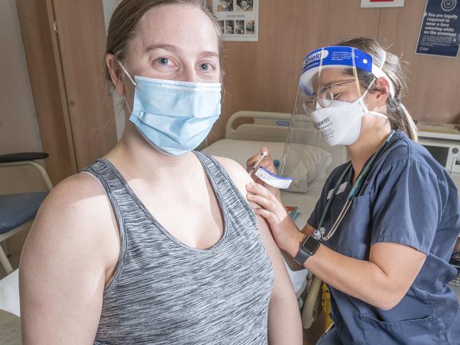 Pregnant woman Ayme Limmer  is 24 weeks pregnant and getting vaccinated by  Rachael Moloney Midwife.. The govt is giving pregnant women priority access to vaccines.Picture:Rob Leeson.