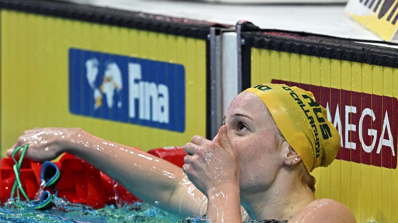 O'Callaghan reacts to her shock 100m freestyle world title win in Budapest last year.