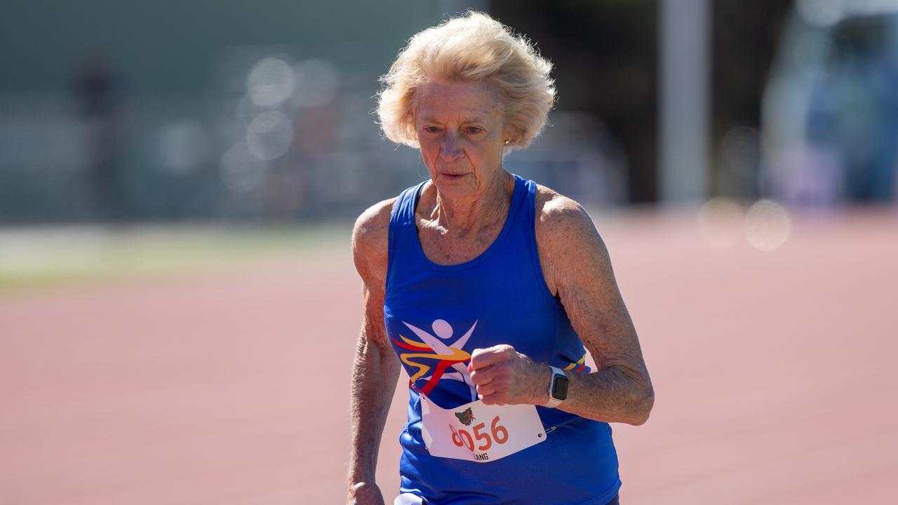 Anne Lang from South Australia Masters Athletics took part in the 800m event. Masters Athletics tournament on Friday 29th March 2024 at the Domain Athletics centre Hobart. Competitors from across Australia took part. Picture: Linda Higginson