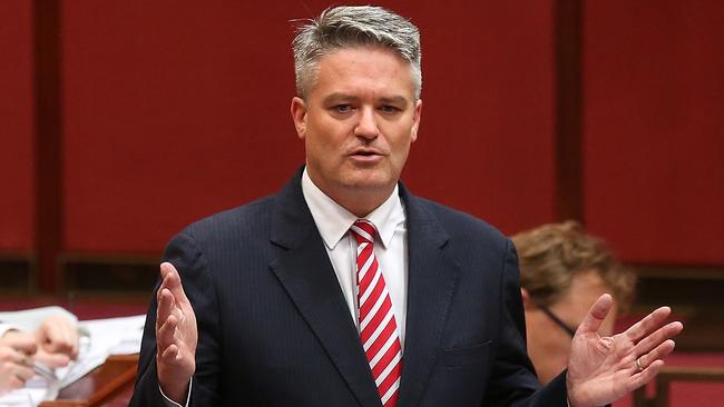 Mathias Cormann speaking in the Senate Chamber, Parliament House in Canberra.