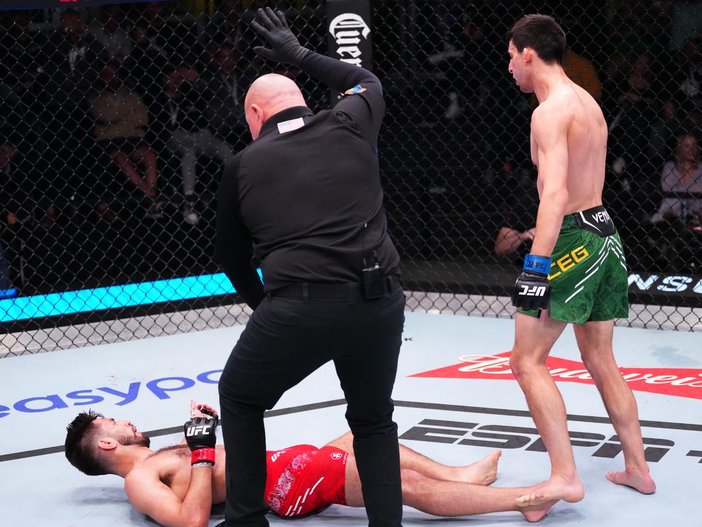 LAS VEGAS, NEVADA - MARCH 02: Steve Erceg of Australia reacts after knocking out Matt Schnell in a flyweight bout during the UFC Fight Night event at UFC APEX on March 02, 2024 in Las Vegas, Nevada. (Photo by Jeff Bottari/Zuffa LLC via Getty Images)