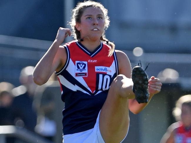 Genevieve Lawson-Tavan in action during the VFLW Darebin Falcons v Western Bulldogs football match in Footscray, Saturday, June 8, 2019. Picture: Andy Brownbill