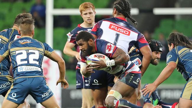 MELBOURNE, AUSTRALIA - APRIL 15:  Marika Koroibete of the Rebels is tackled during the round eight Super Rugby match between the Rebels and the Brumbies at AAMI Park on April 15, 2017 in Melbourne, Australia.  (Photo by Scott Barbour/Getty Images)