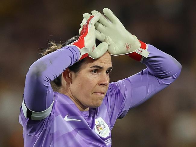 SYDNEY, AUSTRALIA - JUNE 03: Lydia Williams goalkeeper of Australia reacts during the international friendly match between Australia Matildas and China PR at Accor Stadium on June 03, 2024 in Sydney, Australia. (Photo by Mark Metcalfe/Getty Images)