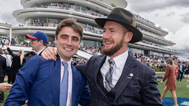 Ciaron Maher (right) and David Eustace unleash exciting two-year-old Steel City at Rosehill. Picture: Getty Images