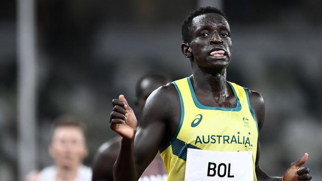 Australia's Peter Bol reacts after winning in the men's 800m semi-finals. Picture: Jewel Samad/AFP