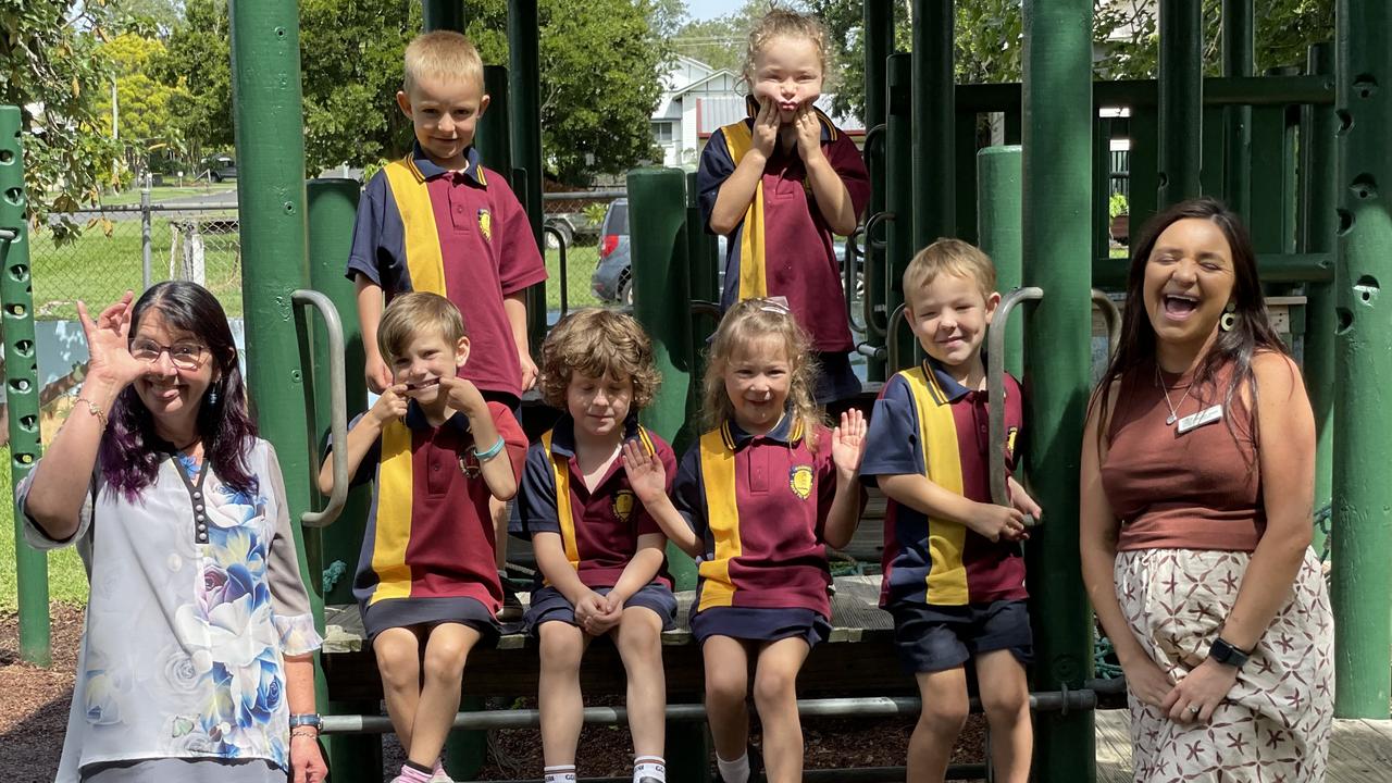 Goomeri State School P-10 – (Back from left): Marnus, Pip, (front from left) Aliviah, Charlie, Isabella, Blake, and teachers Mrs Knight (left) and Ms Talliesen. Gympie My First Year.