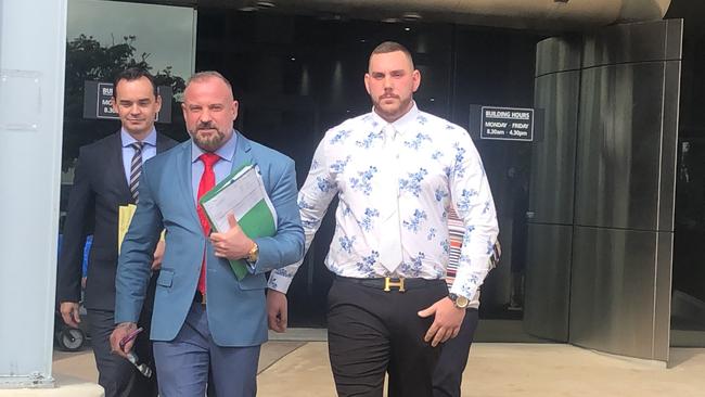 Jeffrey Andrew Willis (right) leaves Southport Magistrates Court with lawyer Campbell MacCallum of Moloney MacCallum Abdelshahied Lawyers. Picture: Lea Emery