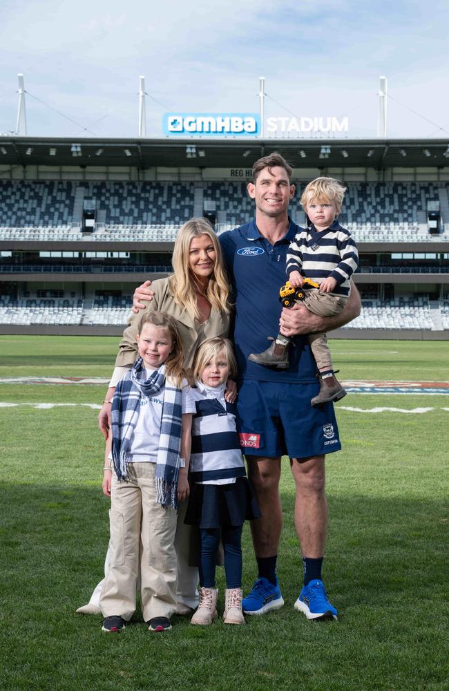 End of an era! Tom Hawkins, right, with his wife Emma Hawkins and children Arabella, Primrose and Henry – on the day he announced his retirement from AFL. Picture: Brad Fleet