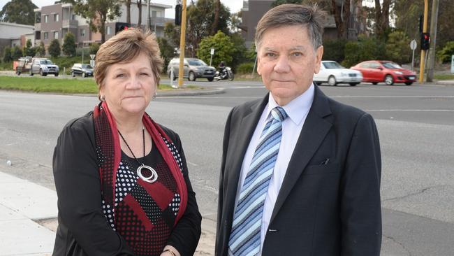 Knox Council want to duplicate Dorset Rd through to Lysterfield, and are putting pressure on the state government. Pictured at the intersection of Dorset Rd and Burwood Highway, Ferntree Gully. Cr Karin Orpen with Knox Mayor Peter Lockwood. Picture: Lawrence Pinder