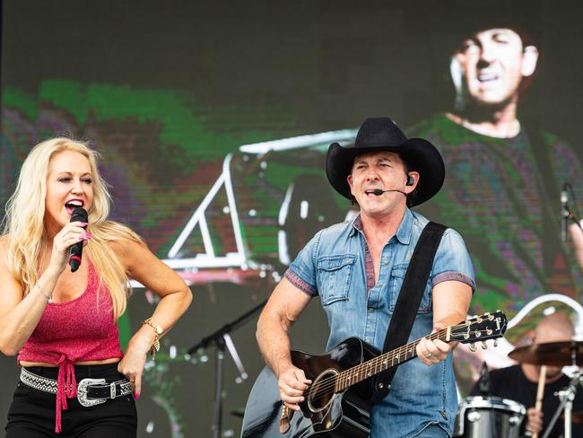 Robby and Lee Kernaghan on stage as the headline act of the Wellcamp Airport 10th anniversary community day, Sunday, November 10, 2024. Picture: Kevin Farmer