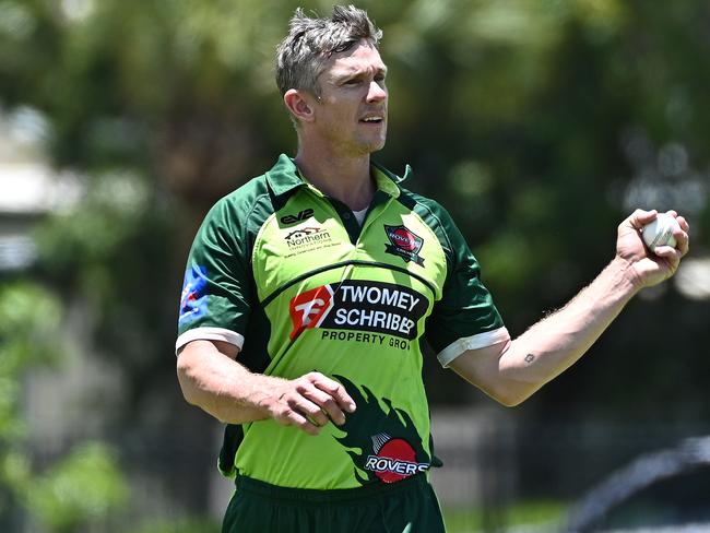 Brenton Edwards of the Rovers prepares to bowl during Saturdays match against Atherton at Griffith Park. Picture Emily Barker.