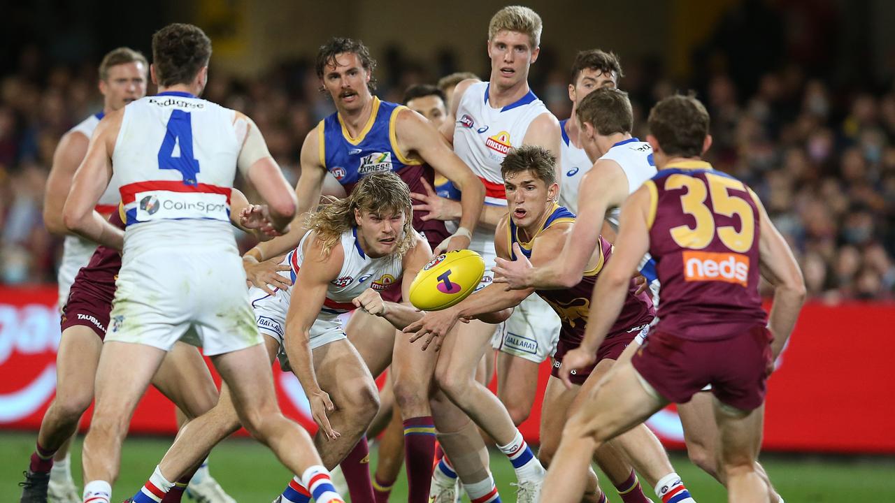 The Doggies brought intensity as they ambushed the Brisbane Lions in their own backyard. Picture: AFL Photos/via Getty Images